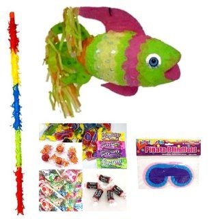 Neon Rainbow Fish Pinata Party Pack/Kit Including Pinata, Bit of Everyones Favorites Candy Filler Mix 3lb, Buster Stick and Blindfold Toys & Games