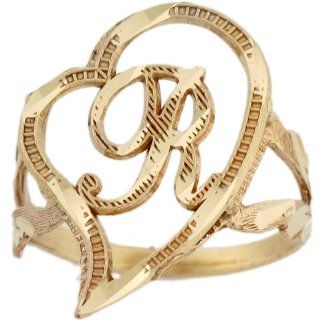14k Real Gold Cursive Letter R Diamond Cut 2.3cm Unique Heart Initial Ring Jewelry