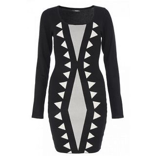 Quiz Black & Cream Printed Long Sleeve Knitted Dress