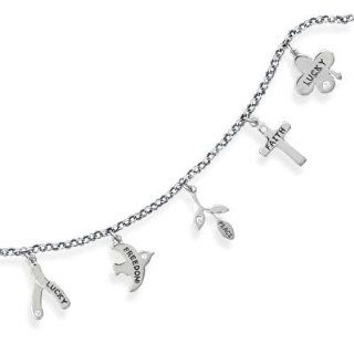 22958 7" rhodium plated inspirational charm bracelet. The bracelet features the following 5 charms with CZs   "Lucky" on wishbone charm, "Freedom" on dove charm, "Peace" on rose charm, "Faith" on cross charm and