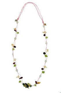 Peridot, Rose Quarts, and Onyx Woven Together and Stationed in the Center of This Necklace While Sparkling Color of Gemstones Dangle on the Triple Cord As It Gets Section Off By a Single Jade Bead Jewelry