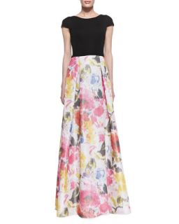 Womens Cap Sleeve Floral Skirt Gown, Black/Multicolor   David Meister   Black