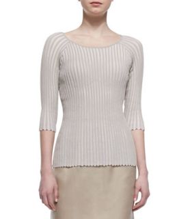 Womens Pleated Stripe 3/4 Sleeve Sweater, Khaki   Lafayette 148 New York  