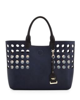 Hexagon Perforated Faux Leather Tote Bag, Navy   POVERTY FLATS by rian
