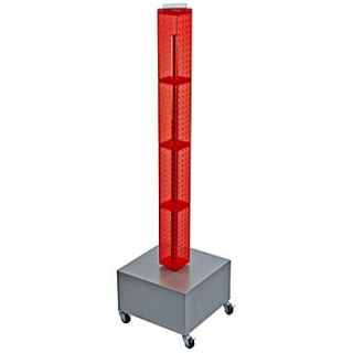 48(H) x 4(W) x 4(D) 4 Sided Interlocking Pegboard Display Tower With Wheels, Red