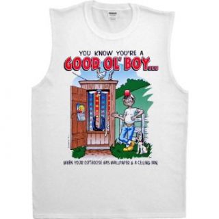 MENS SHOOTER (SLEEVELESS) T SHIRT  WHITE   SMALL   You Know Youre A Good Ol Boy When Your Outhouse Has Wallpaper and a Ceiling Fan   Funny Redneck Good Old Boy Clothing