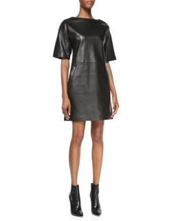 Womens Calfskin Leather Shift Dress   Black (2)