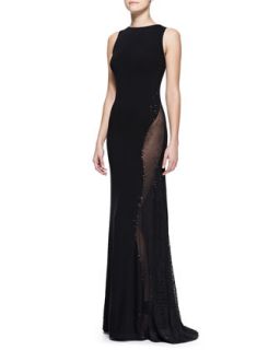 Womens Sleeveless Embroidered Bateau Gown with Sheer Panel, Black   Donna