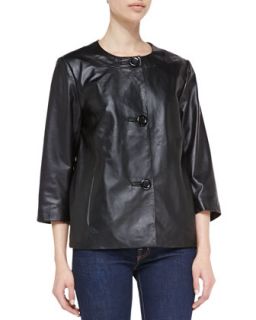 Womens 3/4 Sleeve Leather Jacket   Black (LARGE(12 14))