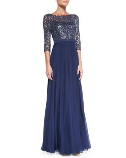Womens 3/4 Sleeve Sequined Lace Bodice Gown   Kay Unger New York   Navy (2)