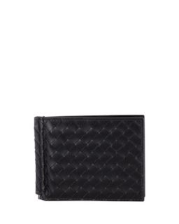 Mens Basic Woven Bi Fold Clip Wallet, Black   Bottega Veneta   Black