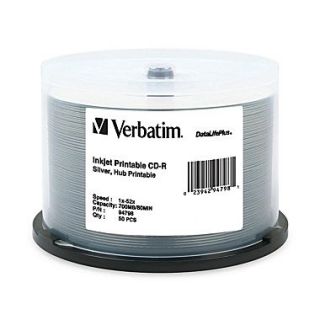 Verbatim DataLifePlus 700MB Silver Hub Printable CD R, Spindle, 50/Pack