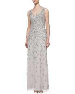 Womens Sleeveless Patterned Sequined Gown   Aidan Mattox   Silver (8)