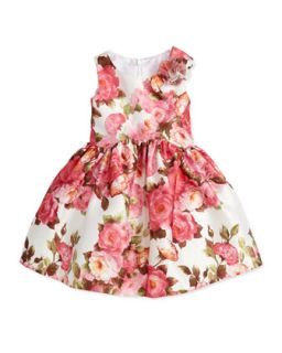 Rose Print Satin Dress, Pink, 2Y 10Y   David Charles