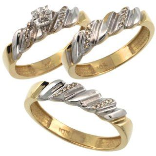 10k Gold 3 Pc. Trio His (5mm) & Hers (5mm) Diamond Wedding Ring Band Set, w/ 0.20 Carat Brilliant Cut Diamonds (Men's Sizes 8 to 14), Ladies' Size 7 Jewelry