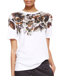 Womens Short Sleeve Floral Print T Shirt, White   Jason Wu   White (SMALL)
