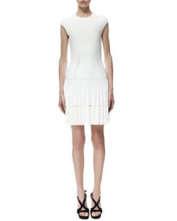 Womens Cap Sleeve Knit Cutout Plisse Dress, White   Alexander McQueen   White