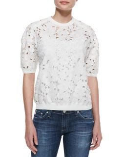 Womens Floral Embroidered Short Sleeve Top   Rebecca Taylor   Pearl (12)