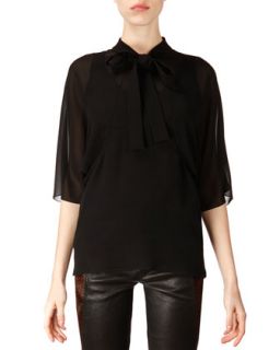 Womens Mid Sleeve Silk Tie Blouse   Saint Laurent   Noir (44/12)
