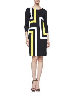 Womens 3/4 Sleeve Graphic Lines Dress   Misook   Black/White/Quad (LARGE