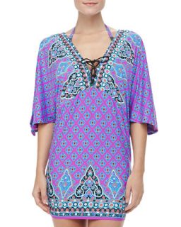 Womens Moroccan Medallion Half Sleeve Tunic Coverup   Nanette Lepore   Orchid