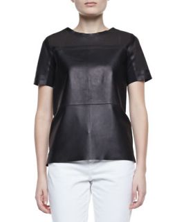 Womens Sandra Leather Short Sleeve Cutout Blouse   Elie Tahari   Black