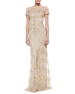 Womens Short Sleeve Lace Overlay Gown   David Meister   Gold (6)
