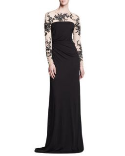 Womens Long Sleeve Gown with Lace Illusion   David Meister   Black (2)