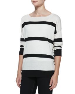 Womens Mixed Striped Silk Cashmere Top, White/Black   White/Blac (XS)