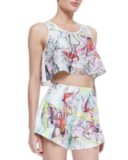 Womens Silk Floral Line Drawing Print Sleeveless Top   Clover Canyon   Multi