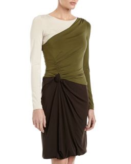 Colorblock Draped Jersey Dress, Brown/Green/Ivory