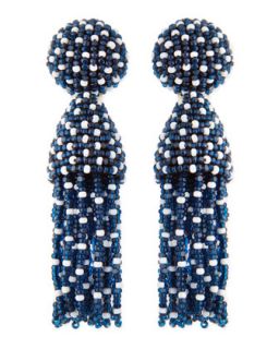 Short Dotted Beaded Tassel Clip On Earrings, Lapis Blue   Oscar de la Renta  
