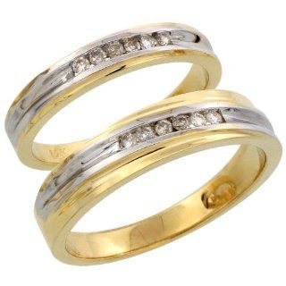 14k Gold 2 Piece His (5mm) & Hers (3.5mm) Diamond Wedding Band Set w/ Rhodium Accent, w/ 0.18 Carat Brilliant Cut Diamonds; Ladies Size 7.5 Jewelry