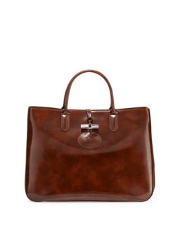 Roseau Large Patent Box Tote Bag, Wood   Longchamp