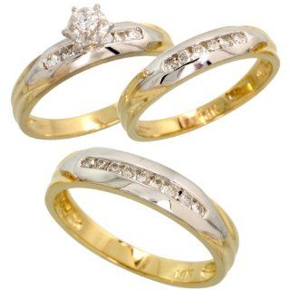 14k Gold Trio 3 piece His (5mm) & Hers (4mm) Wedding Band Set w/ Rhodium Accent, w/ 0.50 Carat Brilliant Cut Diamonds; (Men's Size 9 to 12); Ladies' Size 8 Jewelry