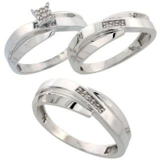 Sterling Silver Diamond Trio Wedding Ring Set His 7mm & Hers 6mm Rhodium finish, Men's Size 8 to 14 Jewelry