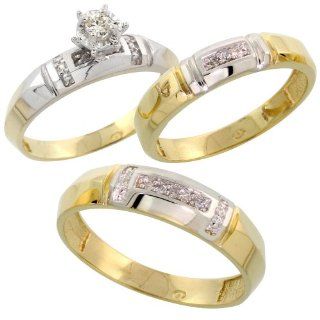 Gold Plated Sterling Silver Diamond Trio Wedding Ring Set His 5.5mm & Hers 4mm, Mens Size 8 to 14 Jewelry