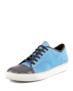 Mens Suede and Patent Cap Toe Sneaker, Blue/Gray   Lanvin   Blue/Gray (8.0D)