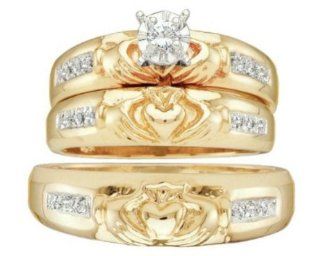 0.1 cttw 14k Yellow Gold Diamond Trio Claddagh Bridal Set Love Loyalty Friendship His and Hers 3 Piece Wedding Rings (Real Diamonds 0.1 cttw, Ring Sizes 4 13) Jewelry