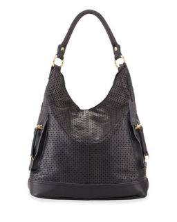 Dylan Perforated Leather Hobo Bag, Black   Linea Pelle
