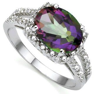 Rhodium Over 925 Sterling Silver Oval Mystic Amethyst with Diamond Accent Cocktail Ring Jewelry