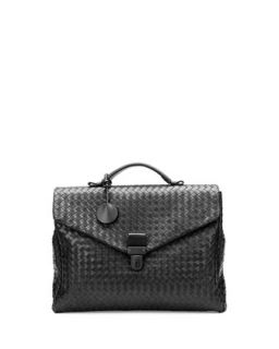 Mens Small Woven Leather Briefcase, Black   Bottega Veneta   Black