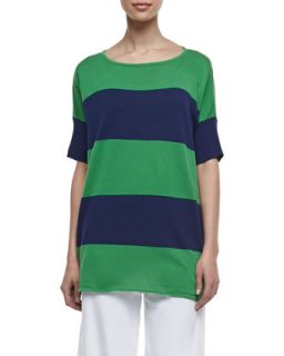 Womens Striped Boxy Sweater, Petite   Joan Vass   Navy/Emerald (0P (4P))