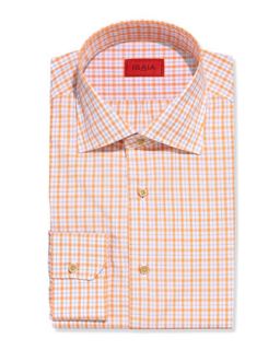 Mens Box Plaid Dress Shirt, Tangerine   Isaia   Orange (17 1/2)