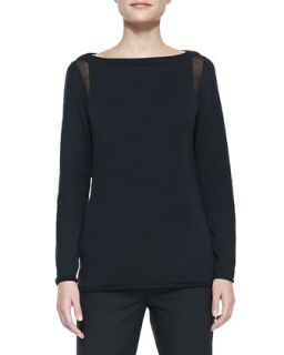 Womens Sheer Detail Long Sleeve Sweater   Lafayette 148 New York   Black