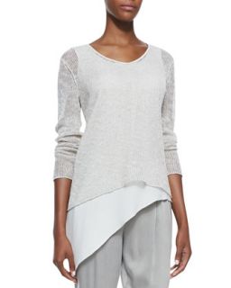 Womens Airy Linen V Neck Top, Petite, Pebble   Eileen Fisher   Pebble (PS