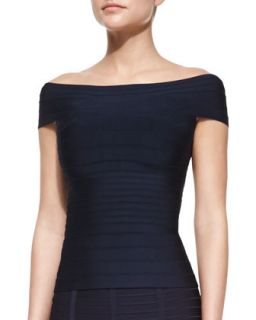Womens Off The Shoulder Bandage Knit Top, Pacific Blue   Herve Leger   Pacific
