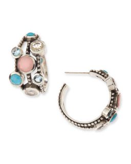 Nouveau Beaded Multi Stone Triple Row Hoop Earrings   Stephen Dweck   Blue/Pink