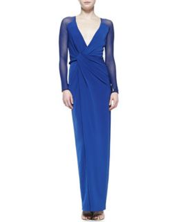Womens Sheer Sleeve Twist Front Crepe Gown   Halston Heritage   Bright indigo
