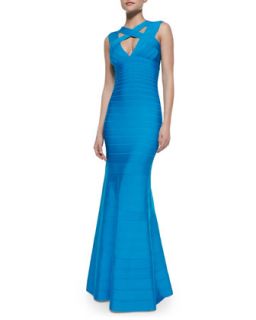 Womens Cross Neck Sleeveless Bandage Gown   Herve Leger   Bright turquoise